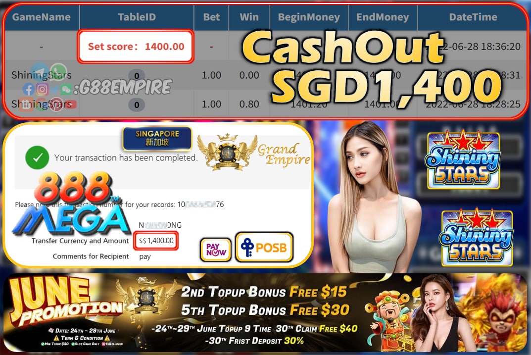 MEGA888 ~ SHININGSTARS CASHOUT SGD1400 !!!