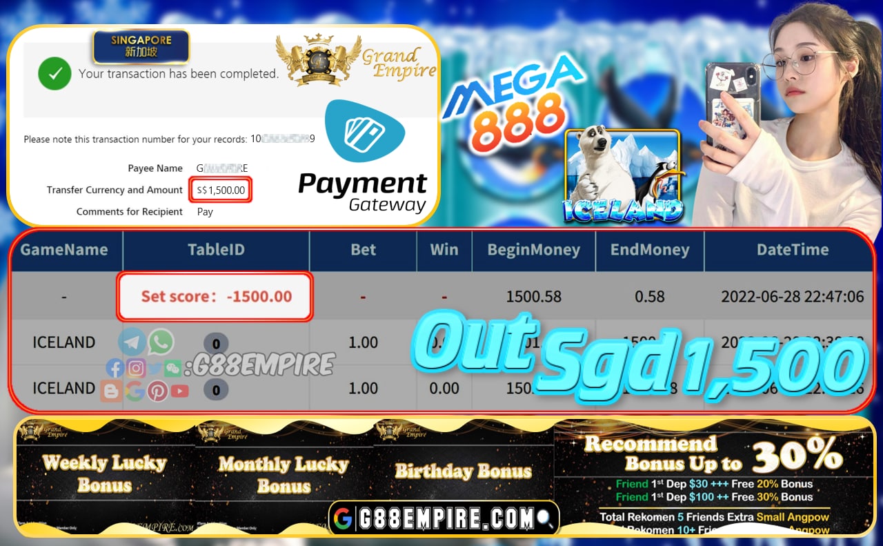 MEGA888 ~ ICELAND CASHOUT SGD1500 !!!