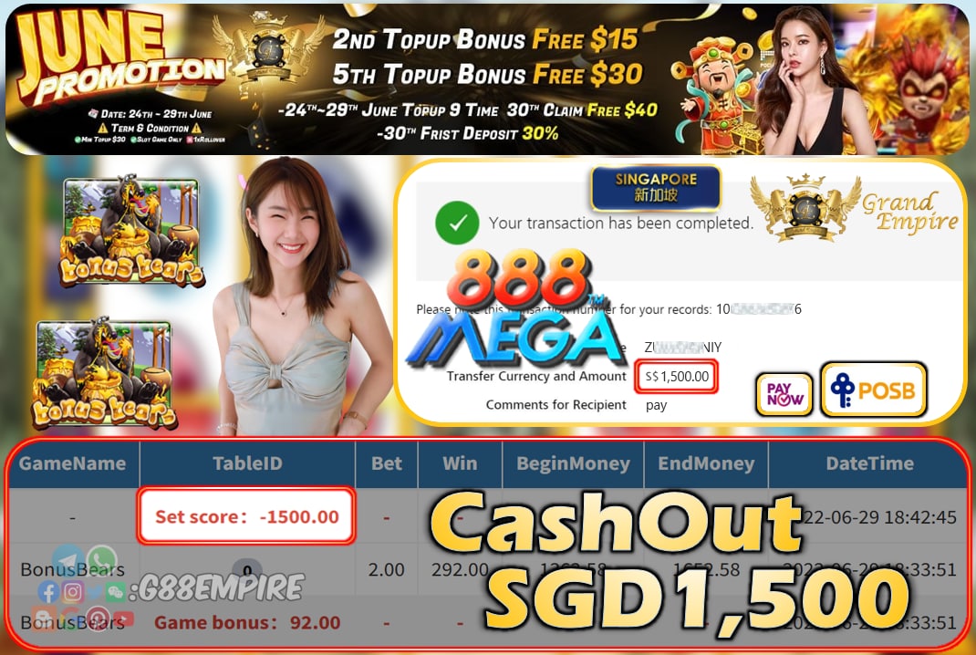 MEGA888 ~ BONUSBEARS CASHOUT SGD1500 !!!