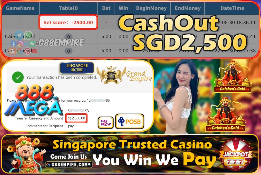 MEGA888 ~ CAISHEN'S GOLD CASHOUT SGD2500 !!!