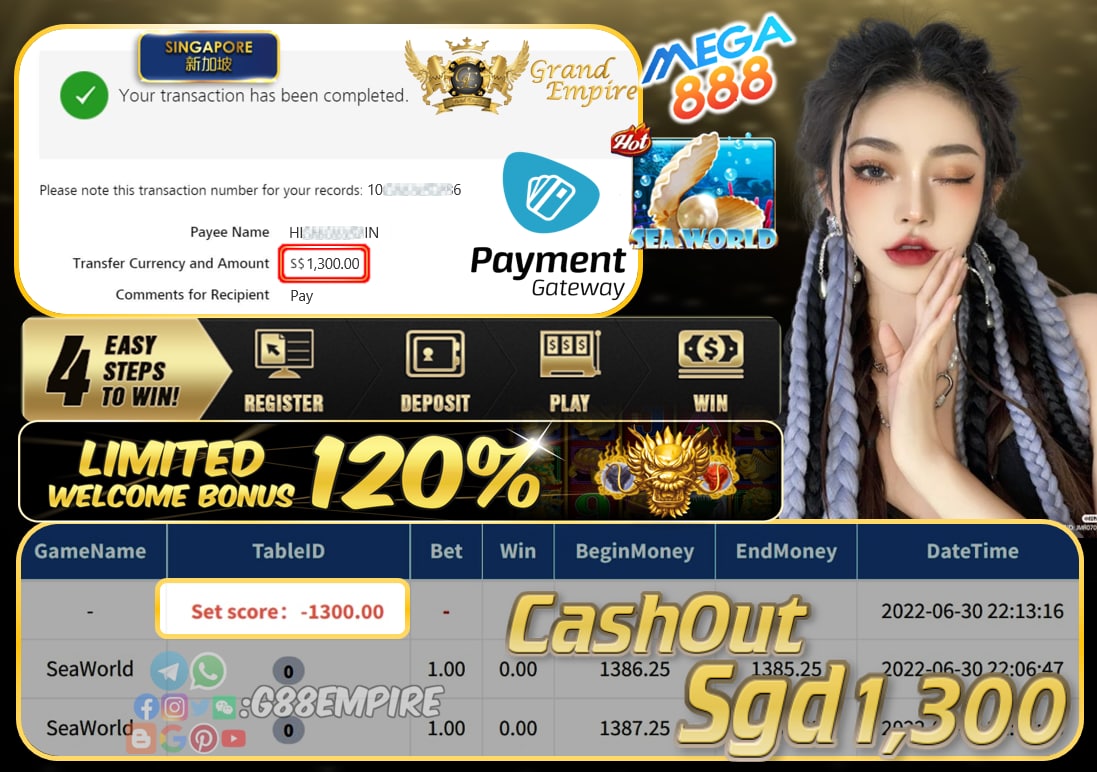 MEGA888 ~ SEAWORLD CASHOUT SGD1300 !!!