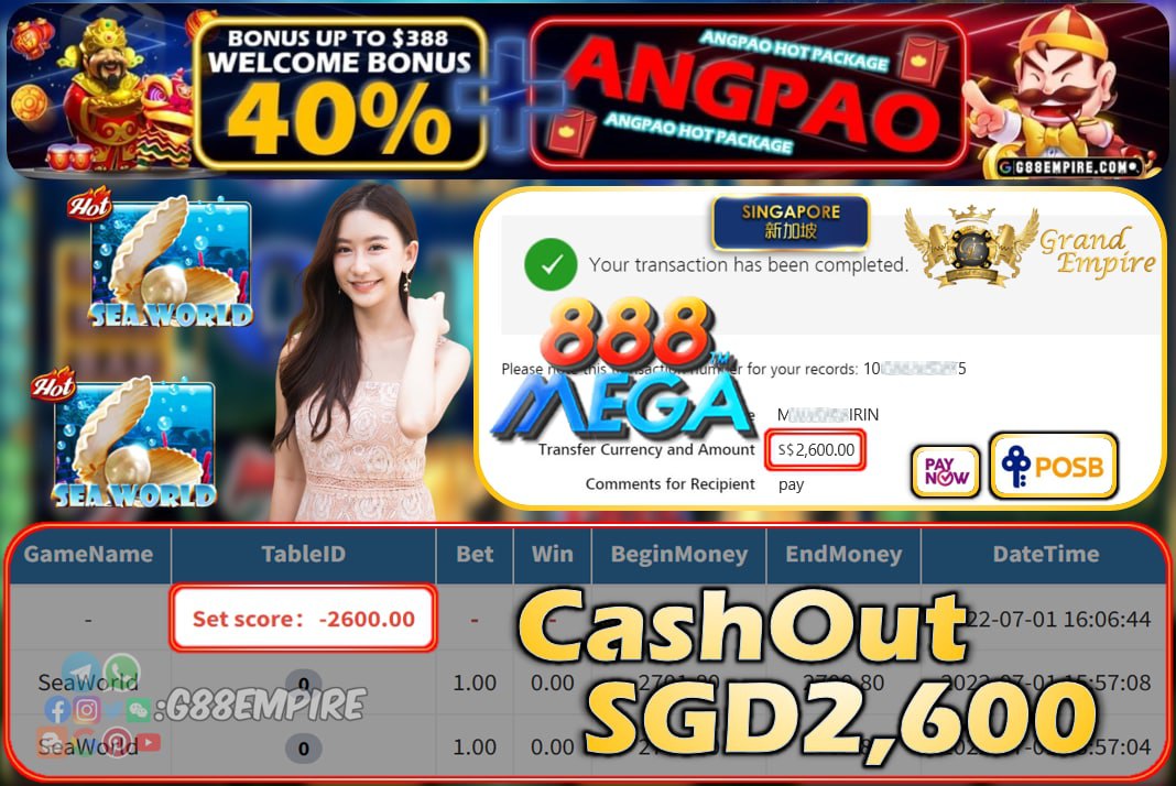 MEGA888 ~ SEAWORLD CASHOUT SGD2600 !!!