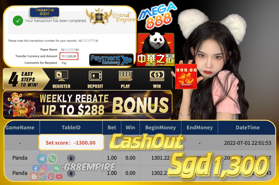 MEGA888 ~ PANDA CASHOUT SGD1300 !!!