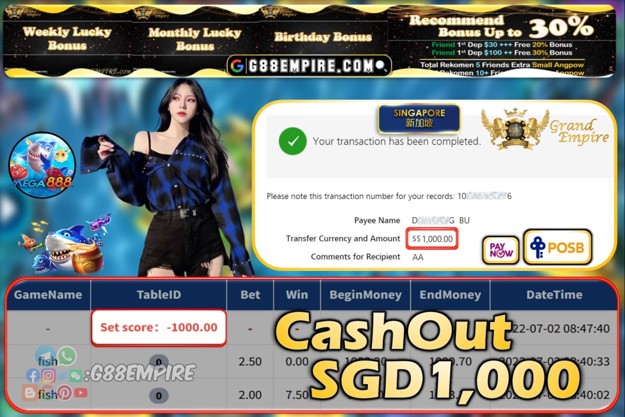 MEGA888 ~ FISH CASHOUT SGD1000!!!