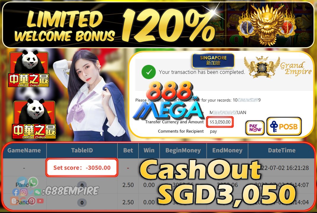 MEGA888 ~ PANDA CASHOUT SGD3050 !!!