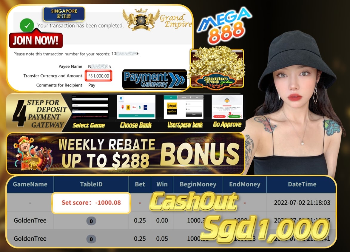 MEGA888 ~ GOLDEN TREE CASHOUT SGD1000 !!!