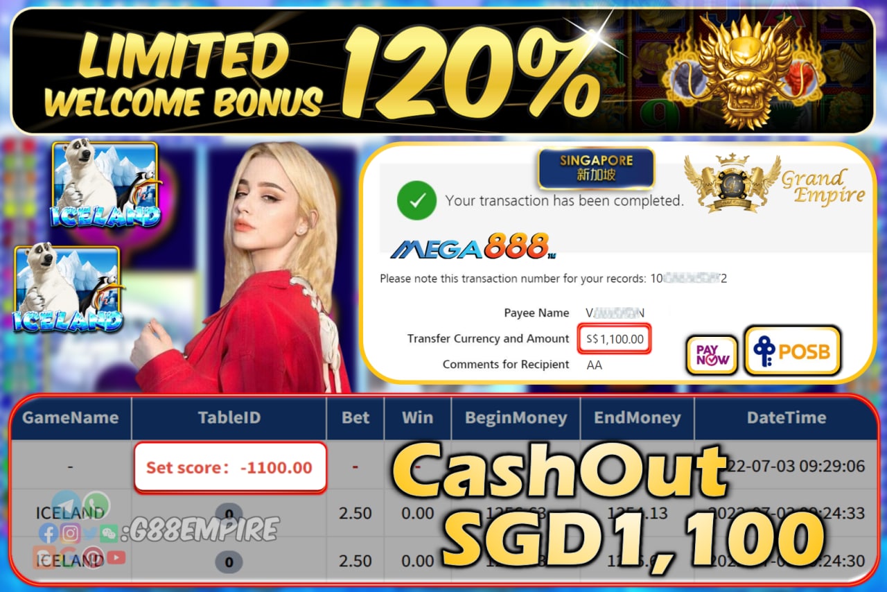 MEGA888 ~ ICELAND CASHOUT SGD1100!!!