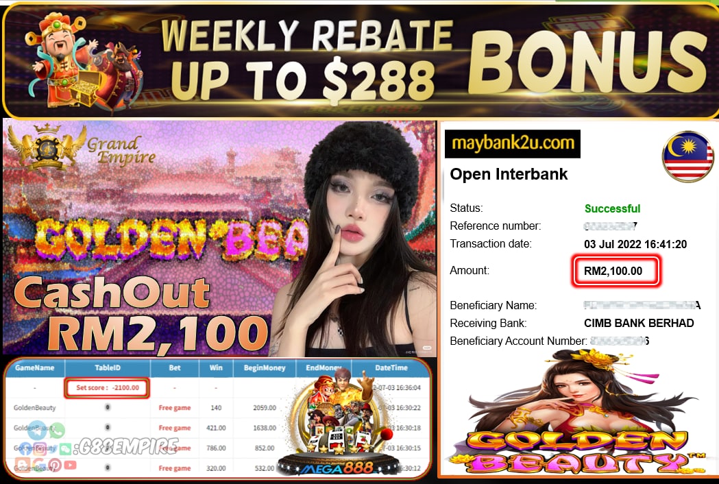 MEGA888 - GOLDENBEAUTY CUCI RM2100 !!!