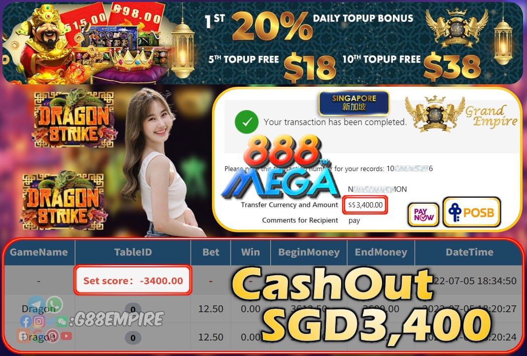 MEGA888 ~ DRAGON CASHOUT SGD3400 !!!