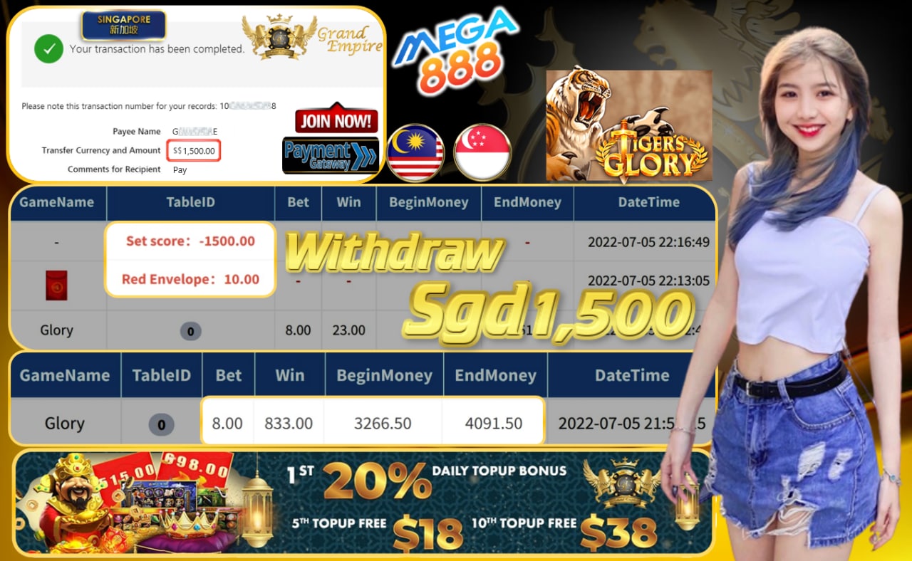 MEGA888 ~ GLORY CASHOUT SGD1500 !!!