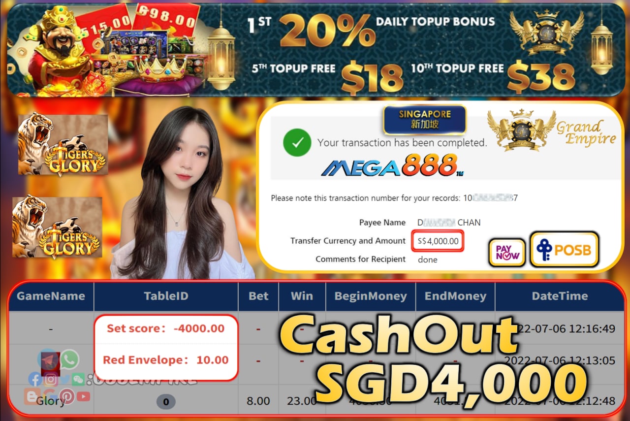 MEGA888 ~ GLORY CASHOUT SGD4000!!!