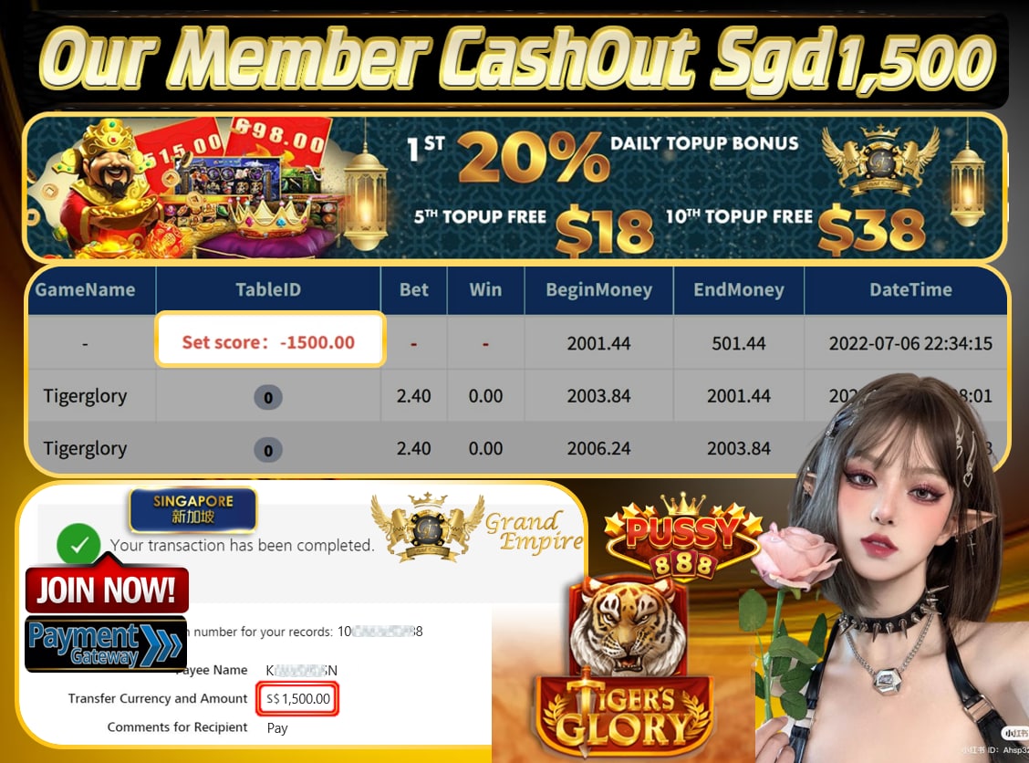 PUSSY888 ~ TIGERGLORY CASHOUT SGD1500 !!!