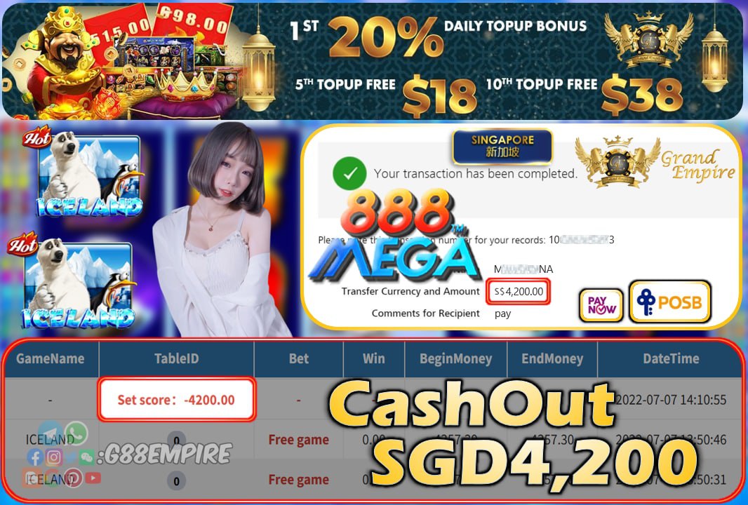 MEGA888 ~ ICELAND CASHOUT SGD4200 !!!