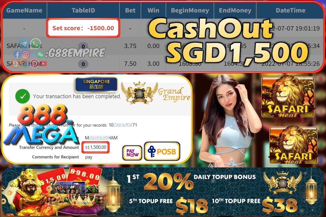 MEGA888 ~ SAFARI HEAT CASHOUT SGD1500 !!!