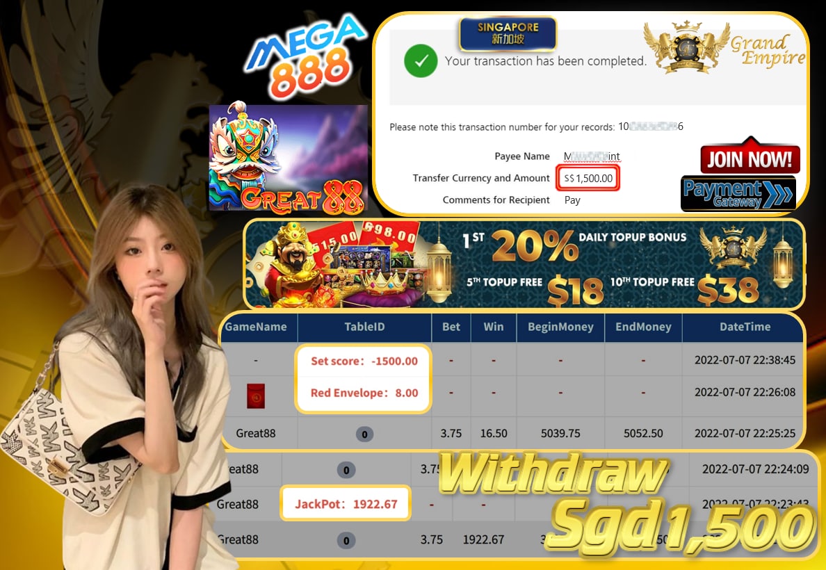 MEGA888 ~ GREAT888  CASHOUT SGD1500 !!!