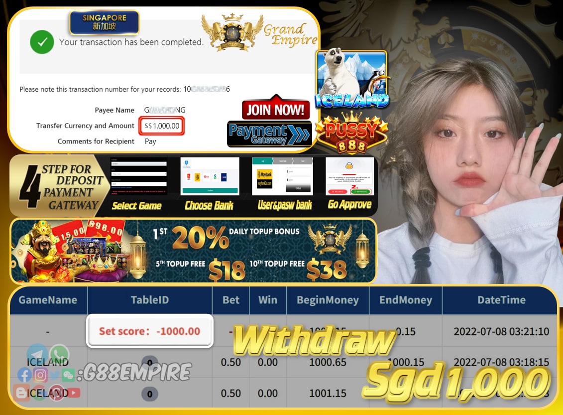 PUSSY888 ~ ICELAND  CASHOUT SGD1000 !!!