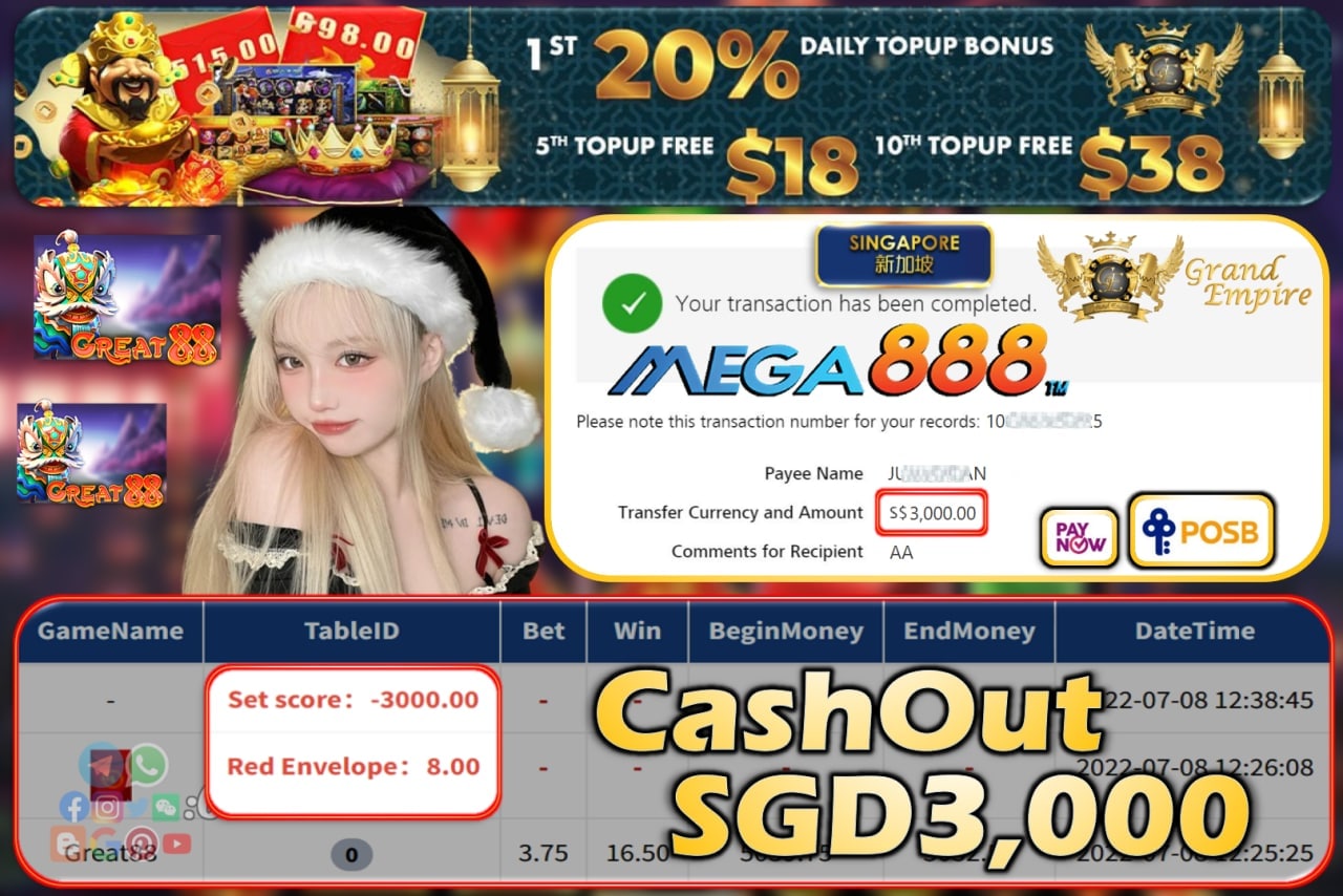 MEGA888 ~ GREATBLUE88 CASHOUT SGD3000!!!