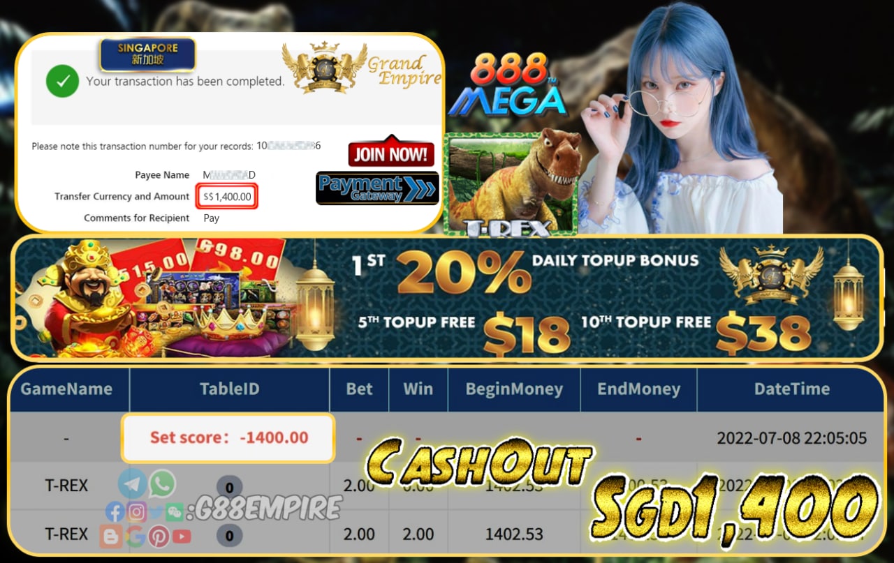 MEGA888 ~ T-REX CASHOUT SGD1400 !!!