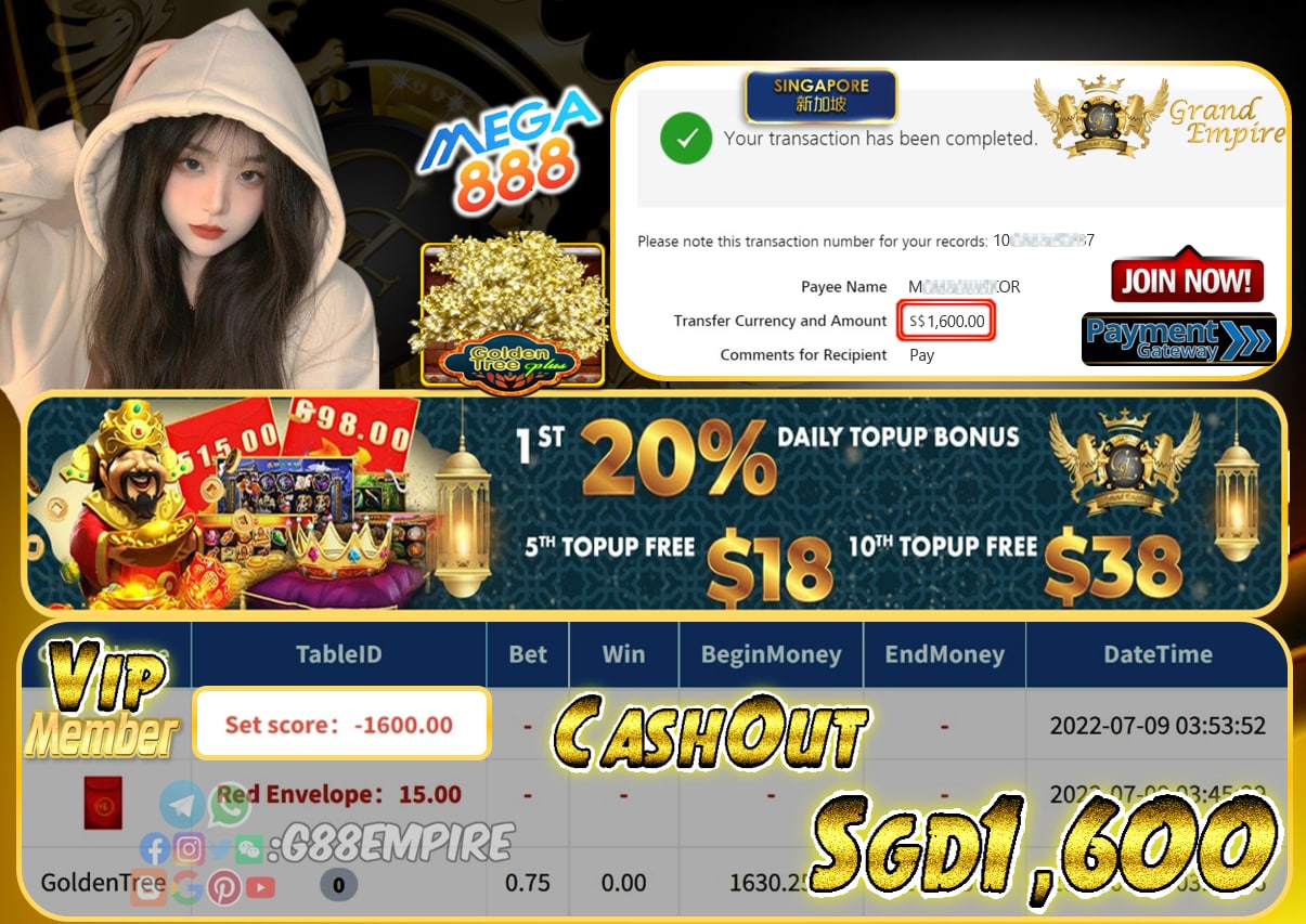 MEGA888 ~ GOLDENTREE CASHOUT SGD1600 !!!