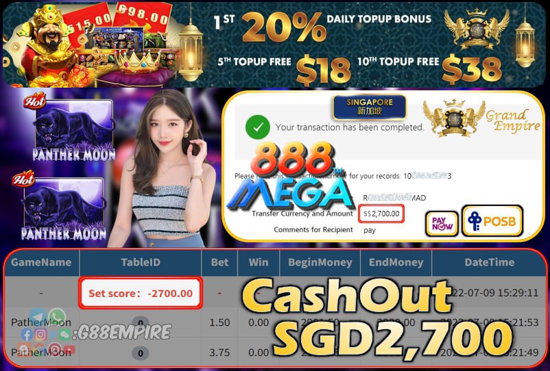 MEGA888 ~ PANTHERMOON CASHOUT SGD2700 !!!