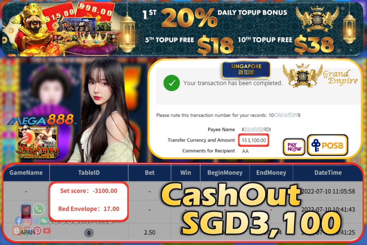 MEGA888 ~ JAPAN CASHOUT SGD3100!!!