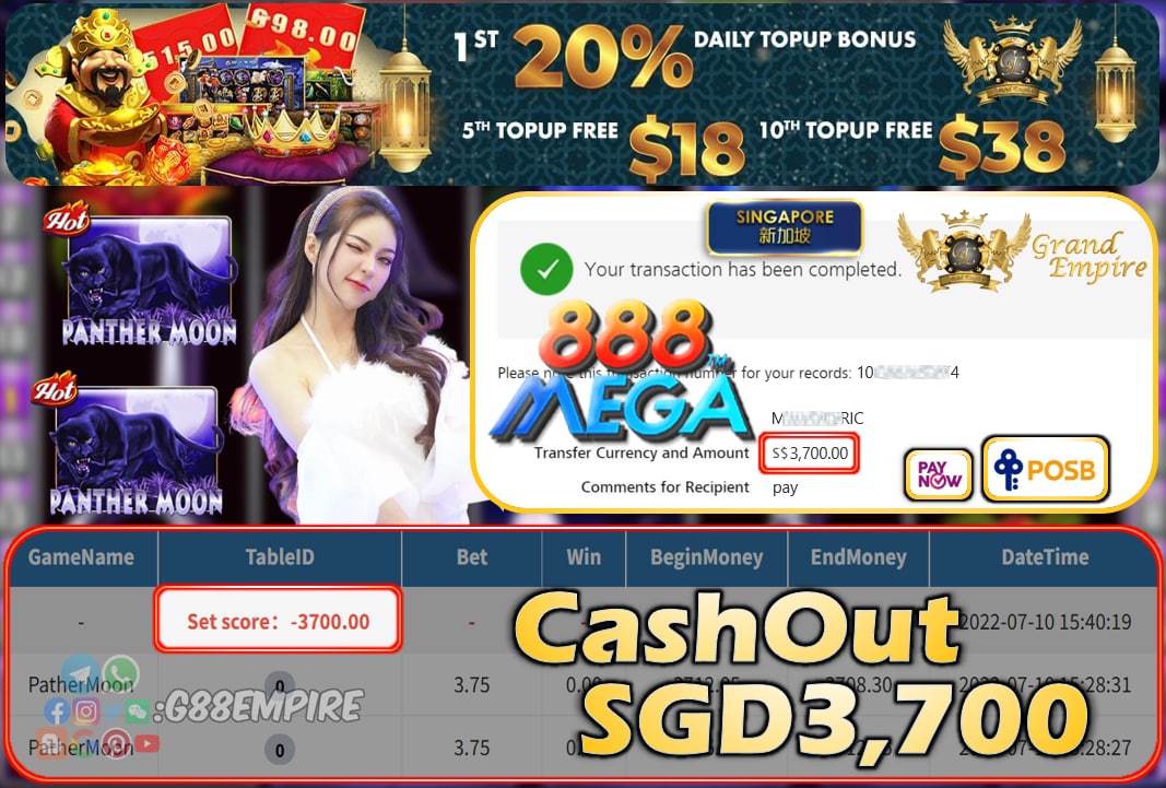 MEGA888 ~ PANTHERMOON CASHOUT SGD3700 !!!