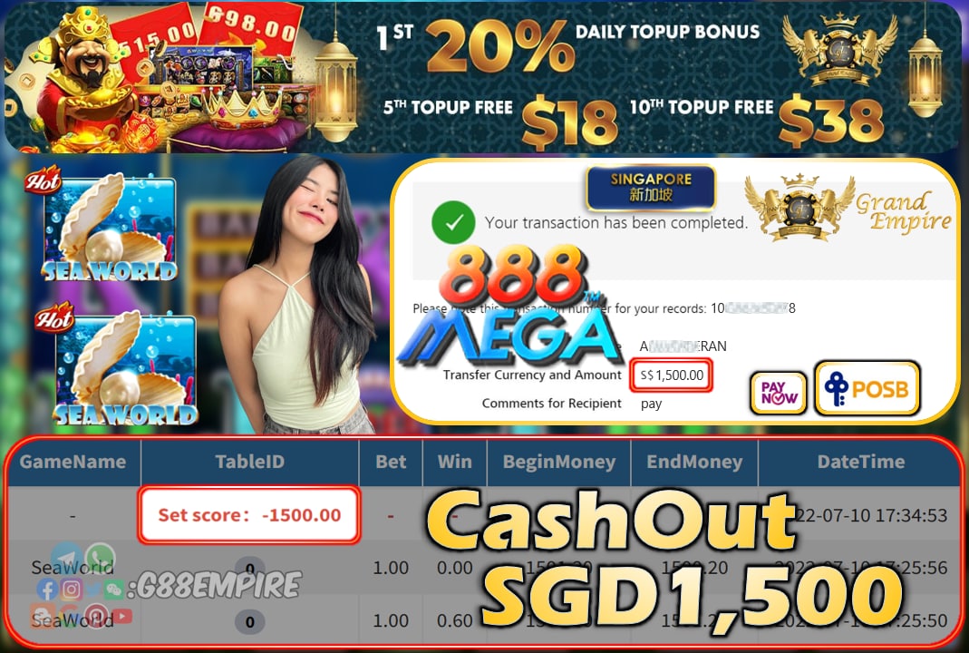 MEGA888 ~ SEAWORLD CASHOUT SGD1500 !!!