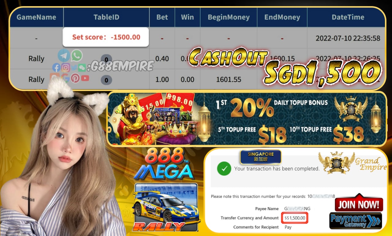 MEGA888 ~ RALLY CASHOUT SGD1500 !!!