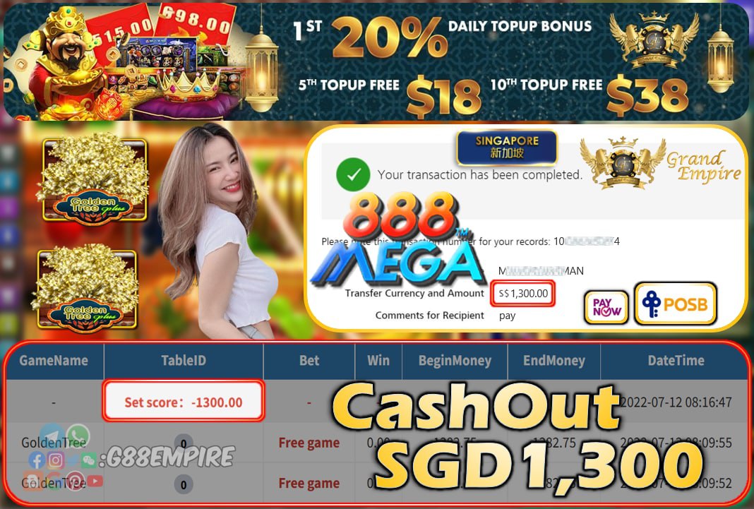 MEGA888 ~ GOLDENTREE CASHOUT SGD1300 !!!