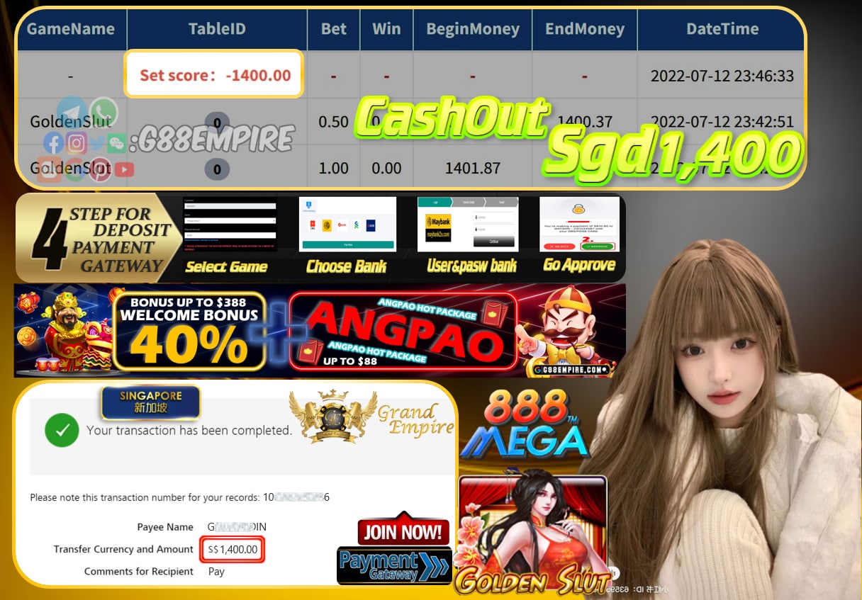 MEGA888 ~ GOLDENSLUT CASHOUT SGD1400 !!!