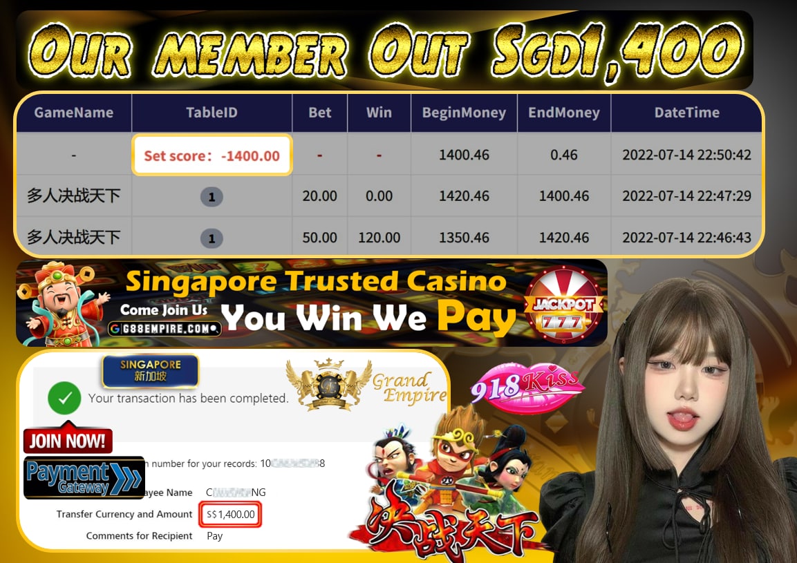 918KISS ~  多人决战天下 CASHOUT SGD1400!!!