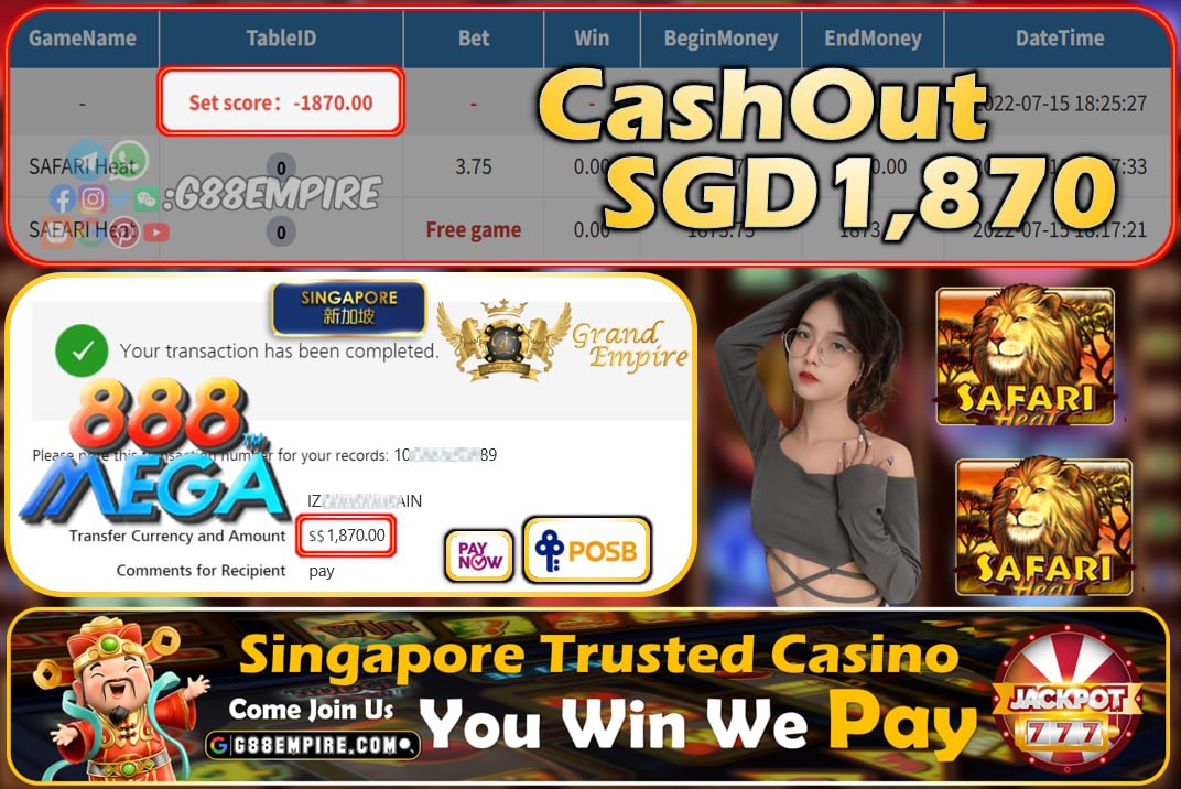 MEGA888 ~ SAFARI HEAT  CASHOUT SGD1870 !!!