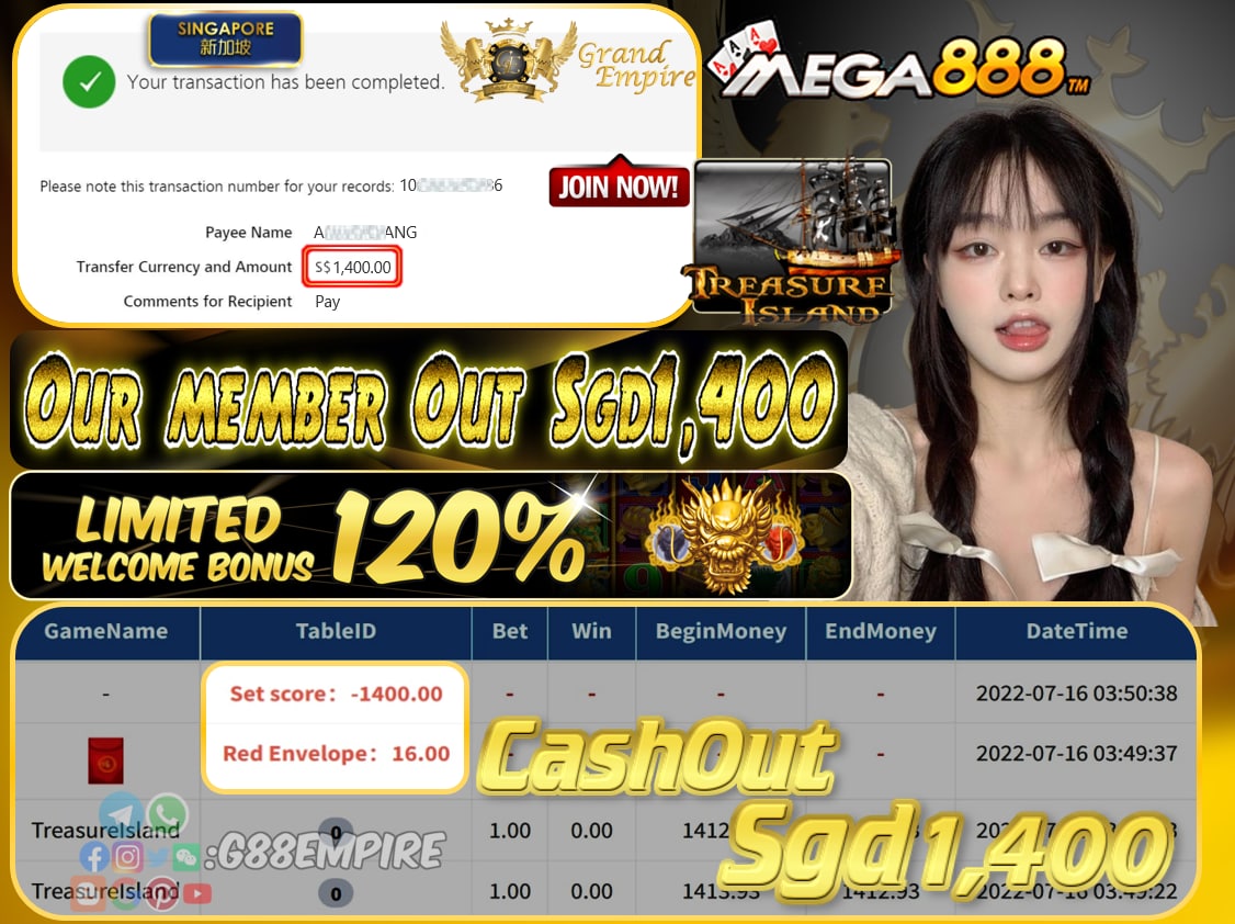 MEGA888 ~ TREASUREISLAND  CASHOUT SGD1400!!!