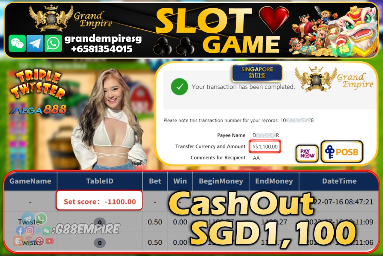 MEGA888 ~ TWISTER CASHOUT SGD1100!!!