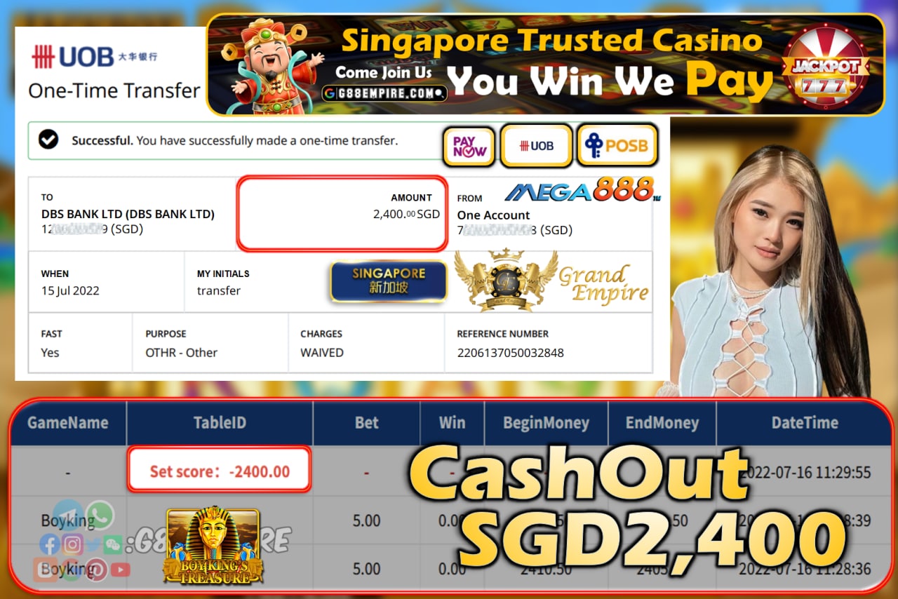 MEGA888 ~ BOYKING CASHOUT SGD2400!!!