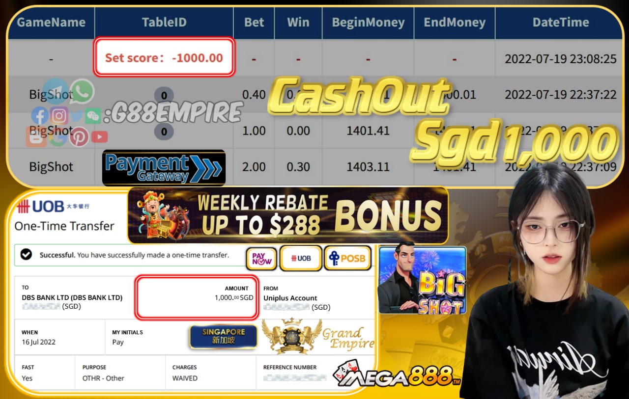 MEGA888 ~ BIGSHOT CASHOUT SGD1000!!!