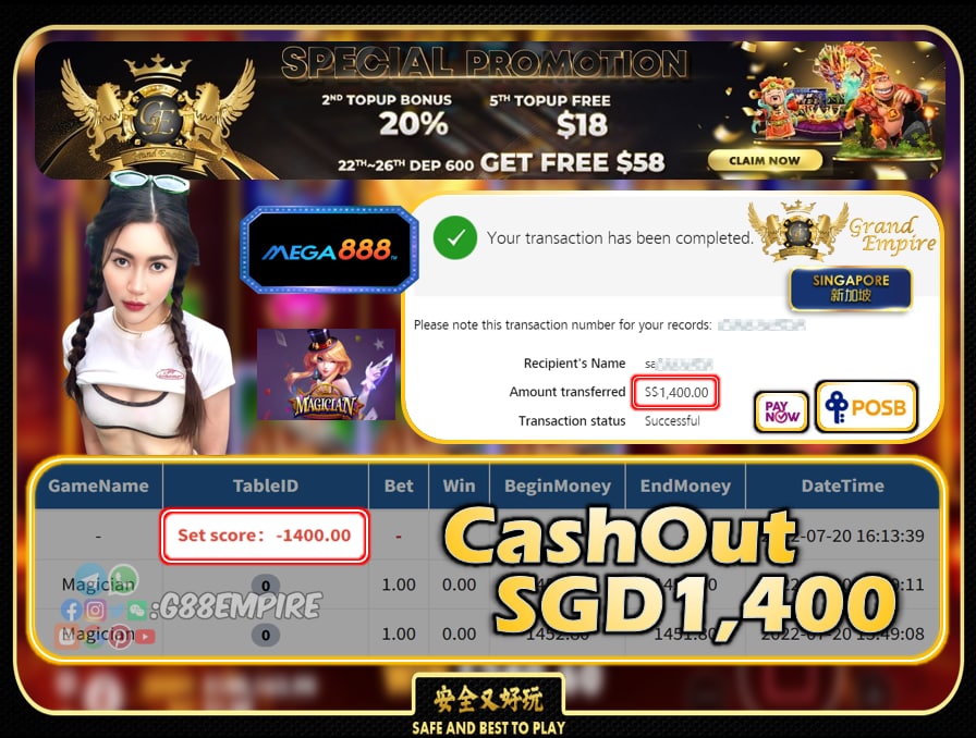 MEGA888 ~ MAGICIAN CASHOUT SGD1400 !!!