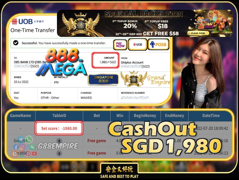 MEGA888 ~ GREAT88 CASHOUT SGD1980 !!!