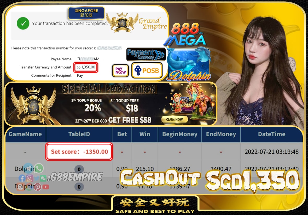 MEGA888 ~ DOLPHINE CASHOUT SGD1350!!!