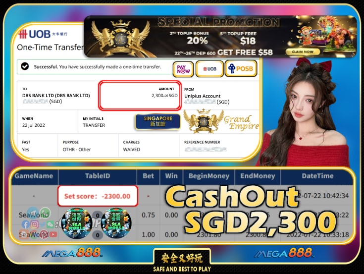 MEGA888 ~ SEAWORLD CASHOUT SGD2300!!!