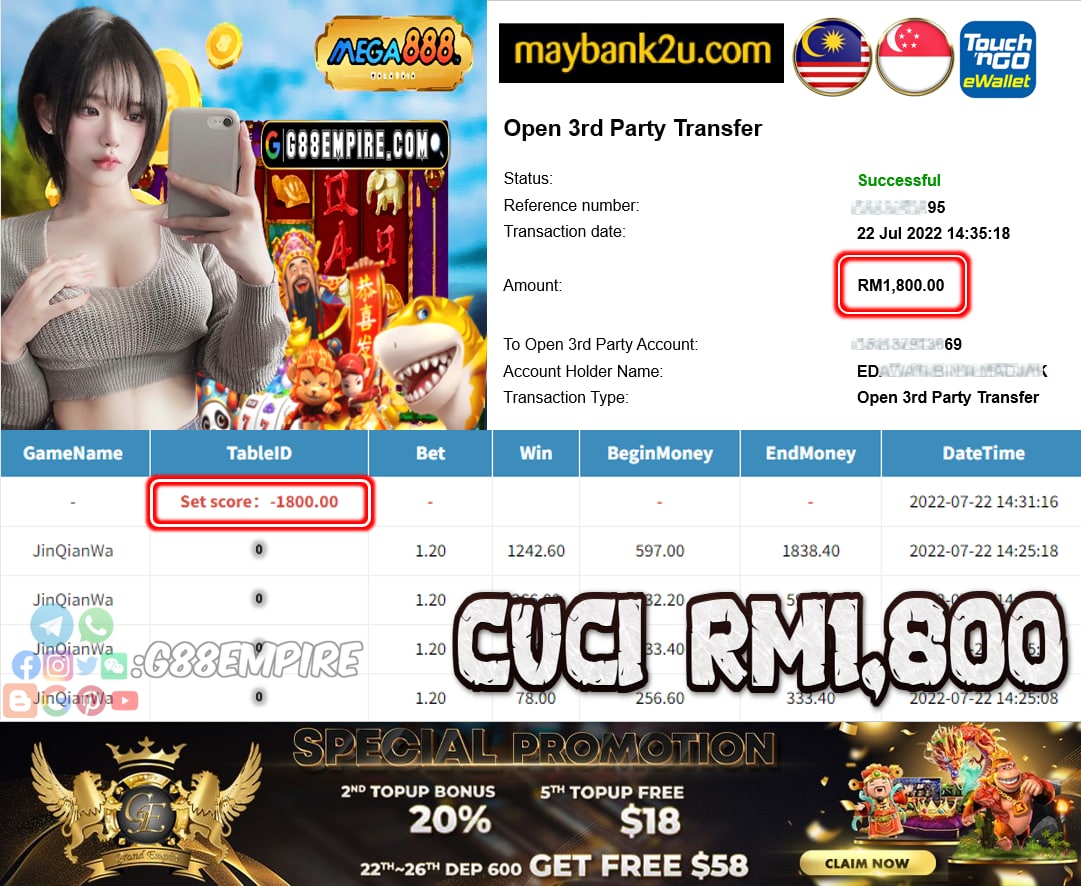 MEGA888 JINQIANWA CUCI RM1,800