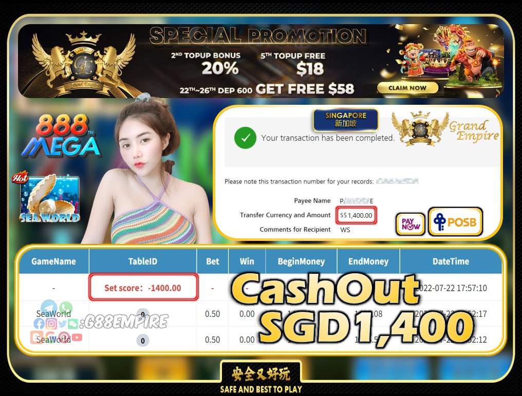 MEGA888 ~ SEAWORLD CASHOUT SGD1400!!!