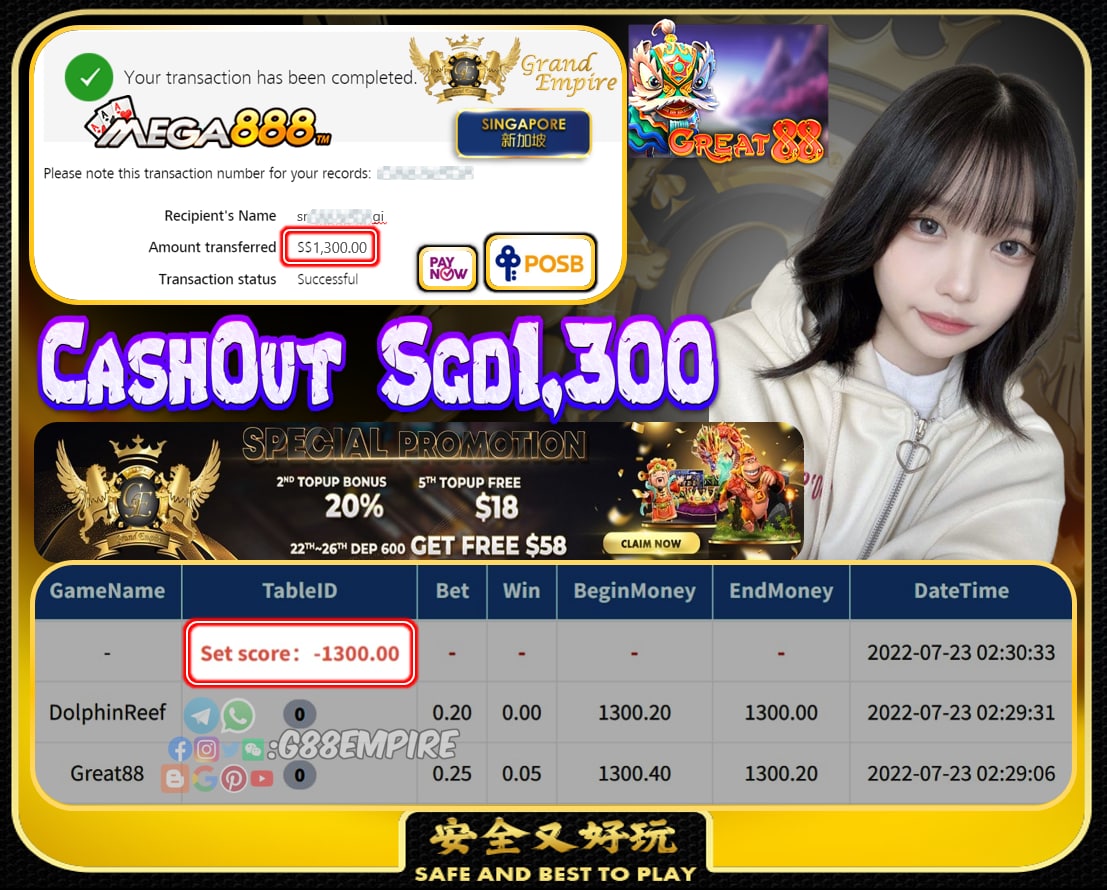 MEGA888~ GREAT888 CASHOUT SGD1300!!!