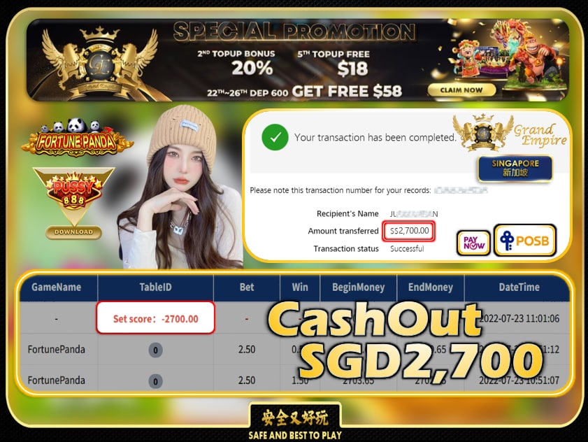 PUSSY888 ~ FORTUNEPANDA CASHOUT SGD2700!!!