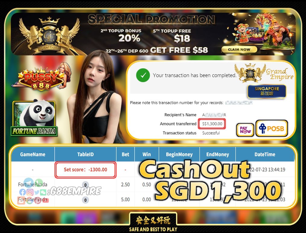 PUSSY888 ~ FORTUNEPANDA CASHOUT SGD1300!!!