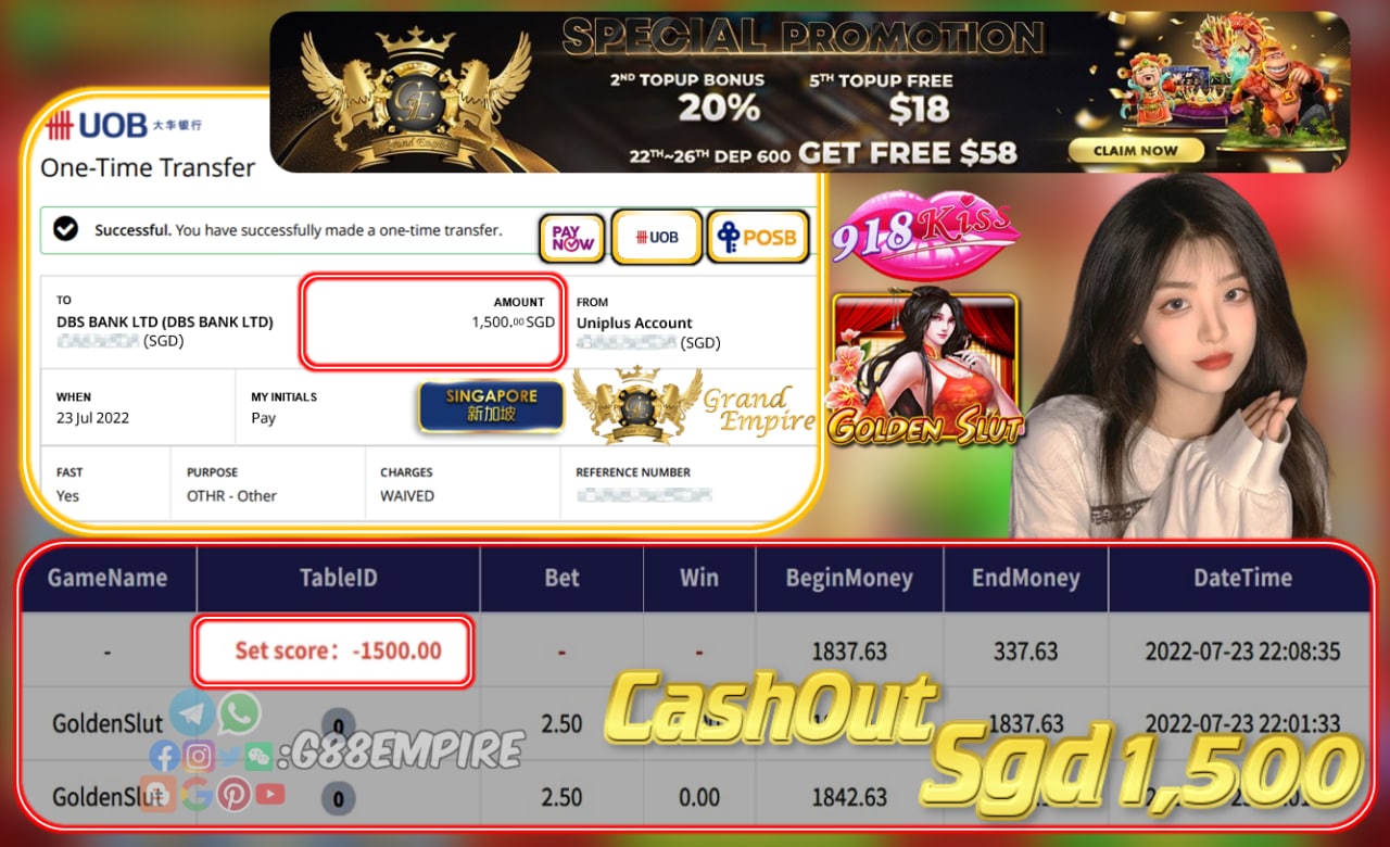 918KISS ~ GOLDENSLUT  CASHOUT SGD1500!!!