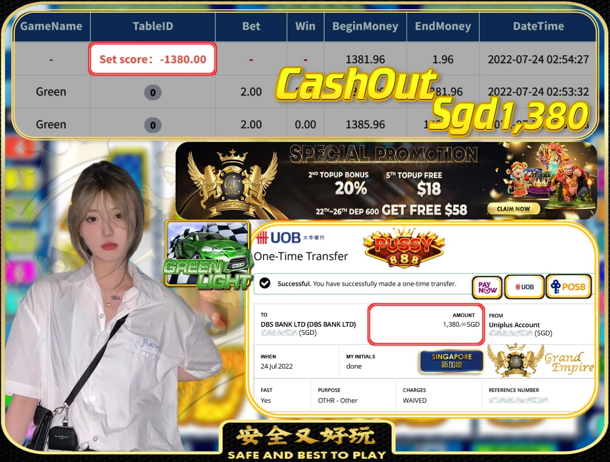 PUSSY888 ~ GREENLIGHT CASHOUT SGD1380!!!