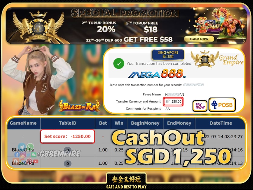 MEGA888 ~ BLAZEOFRA CASHOUT SGD1250!!!