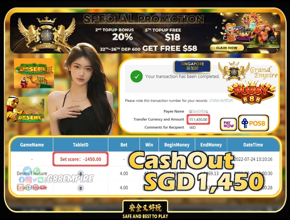 PUSSY888 ~ DESERTTREASURE CASHOUT SGD1450!!!