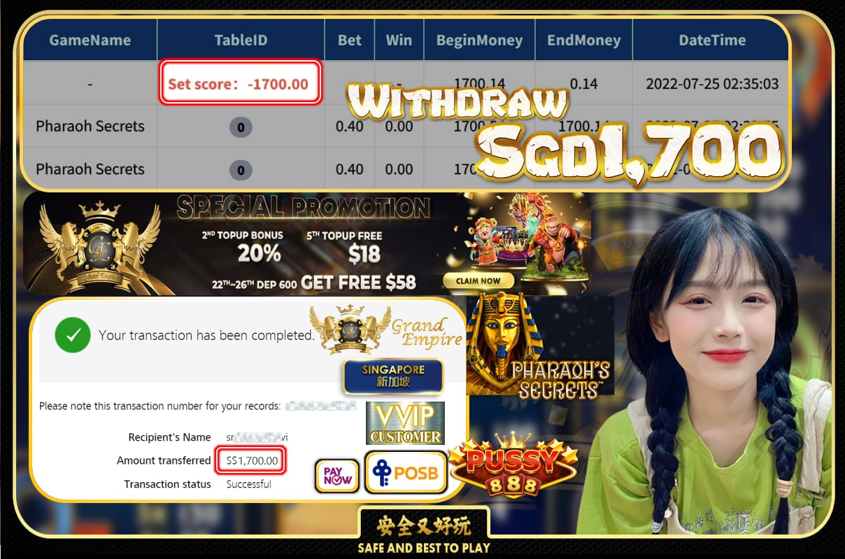 PUSSY888 ~ PHARAOH SCREETS CASHOUT SGD1700!!!